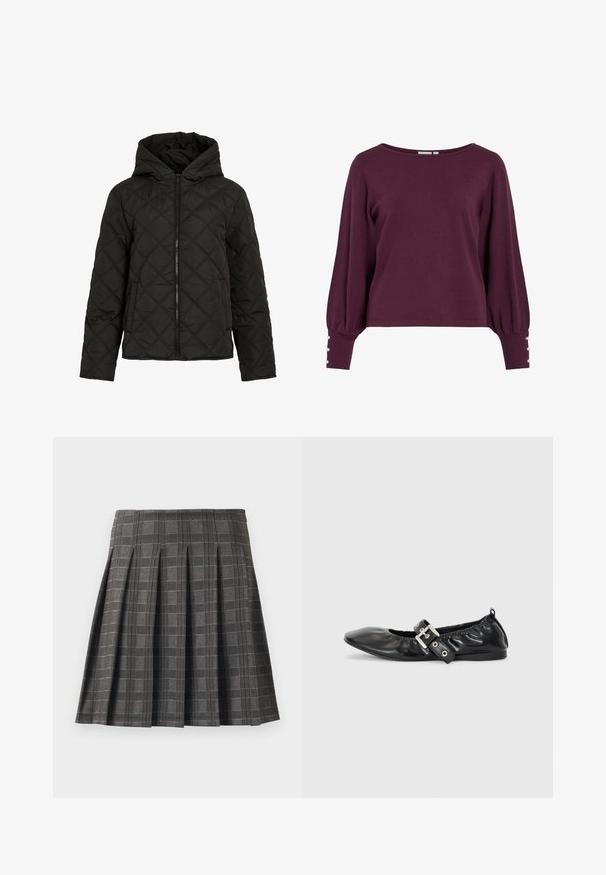 Sort quiltet jakke med diamantsting, frontlynlås, hætte og lange ærmer, vist mod en ensfarvet hvid baggrund.; Bourgognefarvet strikket sweater med bred halsudskæring, lange ballonærmer og knapdetaljer ved manchetterne. Blød tekstur og løs pasform.; Plisseret nederdel i et gråt ternet mønster, lavet af et tekstureret stof. Har lodrette pliser og en lige kant.; Sorte læder flade sko med spids tå, samling detaljer omkring åbningen, og en sølv spænde accent på den justerbare rem.