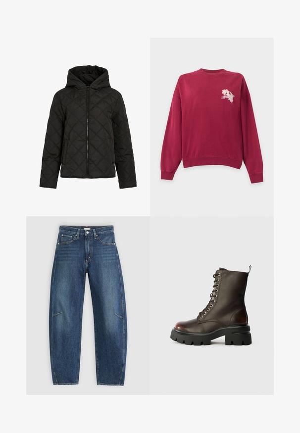 Veste noire matelassée avec un piquage en forme de diamant, fermeture éclair à l'avant, capuche et manches longues, présentée sur fond blanc uni.; Sweat-shirt bordeaux à col rond, manches longues et petite broderie florale sur la partie supérieure gauche de la poitrine.; Jean en denim bleu foncé avec une coupe droite, dotés de poches avant, de surpiqûres contrastées et d'une texture légèrement délavée sur les jambes.; Bottine de combat en cuir marron foncé à lacets avec semelle et talon épais en caoutchouc noir, présentée de profil sur fond blanc.