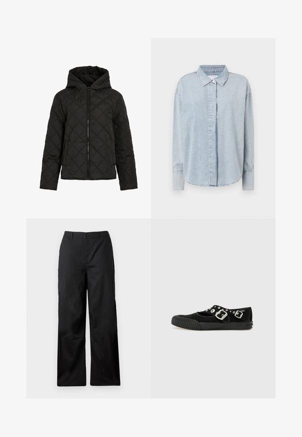Zwarte gewatteerde jas met ruitvormige stiksels, voorkant met rits, capuchon en lange mouwen, getoond op een effen witte achtergrond.; Good American DIAMOND SHIRT - Overhemdblouse - indigo; Zwarte, brede broek van gladde stof. Voorzien van een knoopsluiting en riemlussen. Geen zichtbare patronen of accenten.; Vans MARY JANE - Ballerina's - black