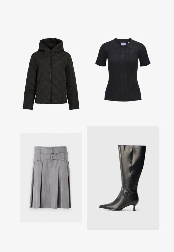 Sort quiltet jakke med diamantsting, frontlynlås, hætte og lange ærmer, vist mod en ensfarvet hvid baggrund.; Sort kortærmet ribstrikket polo i strik med fire knapper og traditionelt krave.; Grå plisseret nederdel med striber med dobbelt bælte og sølvspænder, med D-ring detaljer ved taljen.; Sort knæhøj læderstøvle med spids tå og lav kittenhæl, vist på en enkel lys baggrund.