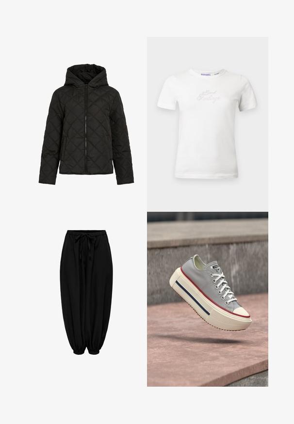 Veste noire matelassée avec un piquage en forme de diamant, fermeture éclair à l'avant, capuche et manches longues, présentée sur fond blanc uni.; T-shirt en coton blanc à manches courtes, avec un design en textes "Mixed Feelings" scintillant en rhinestones argentés sur le devant.; Pantalon ample noir avec taille et chevilles élastiques, lien de serrage à la taille et poignets froncés.; Baskets grises basses avec lacets blancs, semelle épaisse crème, rayures rouges et bleues, flottant au-dessus d'une surface en pierre à l'extérieur.