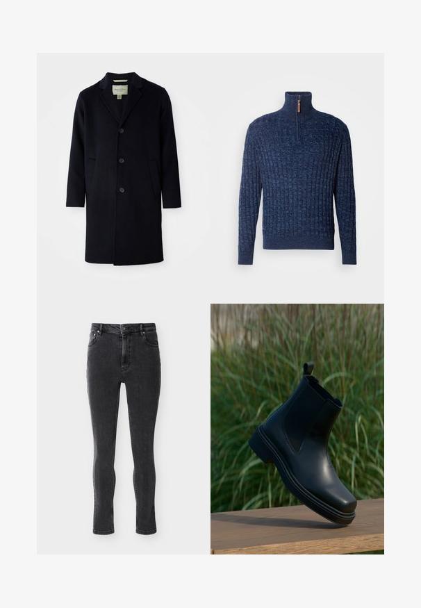 Zwarte enkelgeknoopte lange wollen jas met een notch lapel-kraag, drie knopen, twee voorzakken en rechte mouwen.; INDICODE JEANS Trui - navy mix; Zwarte high-waist skinny jeans met voor- en achterzakken, knoop- en ritssluiting, tentoongesteld op een vlakke ondergrond.; Zwarte leren Chelsea-boot met elastische zijkanten, ronde neus, lage hak en een lussen achteraan, tegen een vage groene achtergrond.