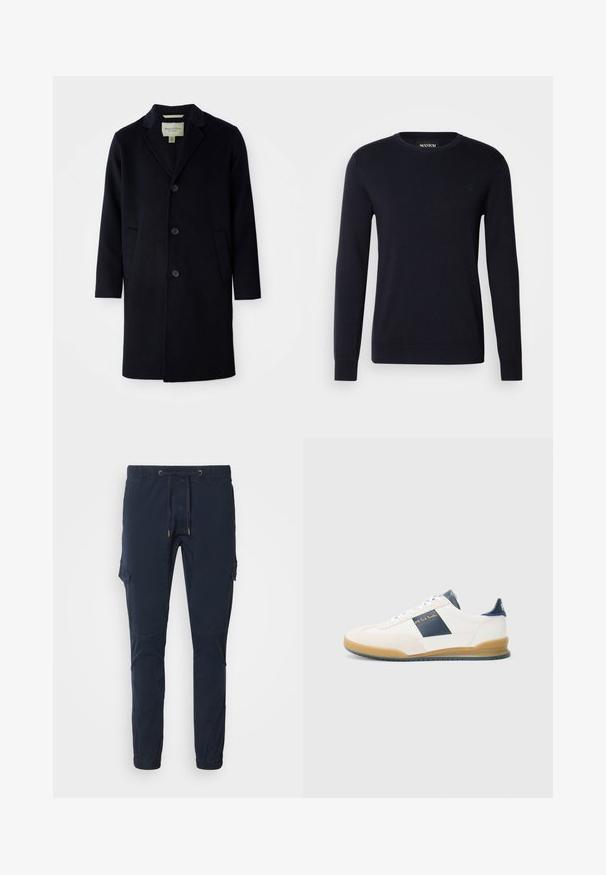 Zwarte enkelgeknoopte lange wollen jas met een notch lapel-kraag, drie knopen, twee voorzakken en rechte mouwen.; Marineblauwe katoenen trui met lange mouwen, ronde halslijn en ribbels aan de manchetten. Heeft een klein logo geborduurd op de borst.; Marineblauwe cargo broek met een trekkoord in de taille, taps toelopende benen, zijzakken en kniestukken. Gemaakt van duurzaam materiaal met een gladde textuur.; Witte sneakers met marineblauwe accenten, gemaakt van suède en leer, met een ronde neus en rubberen zool. Heeft een logo aan de zijkant en achterkant.
