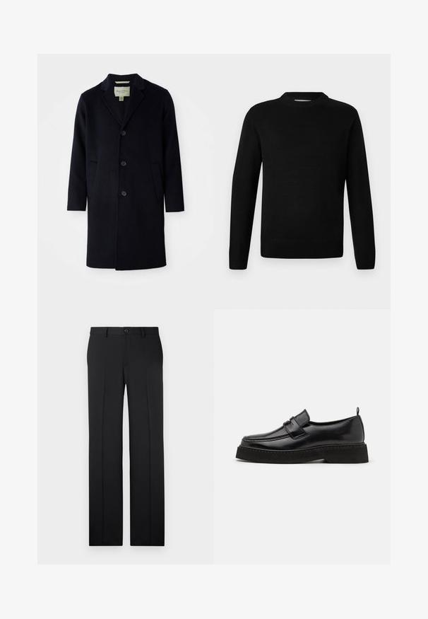 Zwarte enkelgeknoopte lange wollen jas met een notch lapel-kraag, drie knopen, twee voorzakken en rechte mouwen.; Zwarte lange mouwen crewneck gebreide trui met geribde manchetten en zoom, weergegeven op een effen lichte achtergrond.; Zwarte, op maat gemaakte broek met een rechte pijp, zachte stof, voorvouwen en een enkele knoopsluiting in de taille.; Zwarte leren instapschoenen in loafer-stijl, met een vlakke, gestructureerde zool, voorzien van een gestikte neus en een band over de wreef.