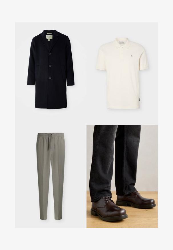 Zwarte enkelgeknoopte lange wollen jas met een notch lapel-kraag, drie knopen, twee voorzakken en rechte mouwen.; Ecru korte mouwen polo met twee knopen, klein logo op de linkerborst en een kraag, getoond op een effen achtergrond.; Lichtgrijze, op maat gemaakte herenhosen met taps toelopende pijpen en een elastische tailleband met een vooraan trekkoord.; Bruine leren schoenen met een ronde neus, vetersluiting en robuuste zwarte rubberen zool, gecombineerd met donkere spijkerbroek.