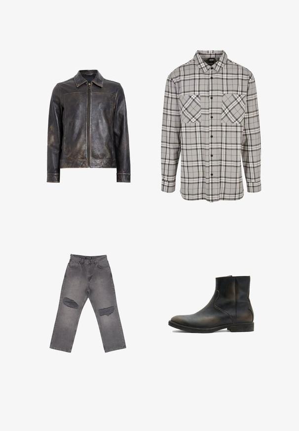 Veste en cuir noir avec fermeture éclair, col montant et texture légèrement usée. Présente un accent en métal circulaire sur la fermeture éclair.; Chemise à manches longues grise à carreaux, en tissu avec une fermeture à boutons, dotée de deux poches poitrine et d'un col classique.; Jean denim gris taille haute avec jambes larges et grandes zones abîmées sur les deux genoux, avec poches avant et passants pour ceinture.; AllSaints LANG - Bottines - brown