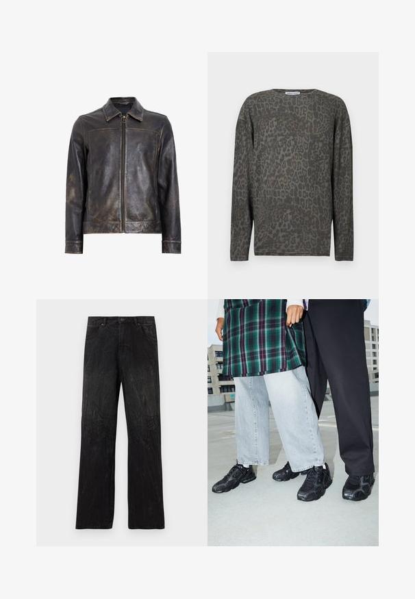 Veste en cuir noir avec fermeture éclair, col montant et texture légèrement usée. Présente un accent en métal circulaire sur la fermeture éclair.; Haut à manches longues en tissu léger texturé avec un motif léopard vert foncé et gris. Encolure ronde et coupe décontractée.; Pantalon en denim noir avec une coupe droite, présentant un tissu texturé, des coutures apparentes et un style traditionnel à cinq poches.; Baskets de sport noires avec des accents en mesh et en caoutchouc. Portées avec un jean large gris clair et un haut à carreaux vert. Fond à surface plane.