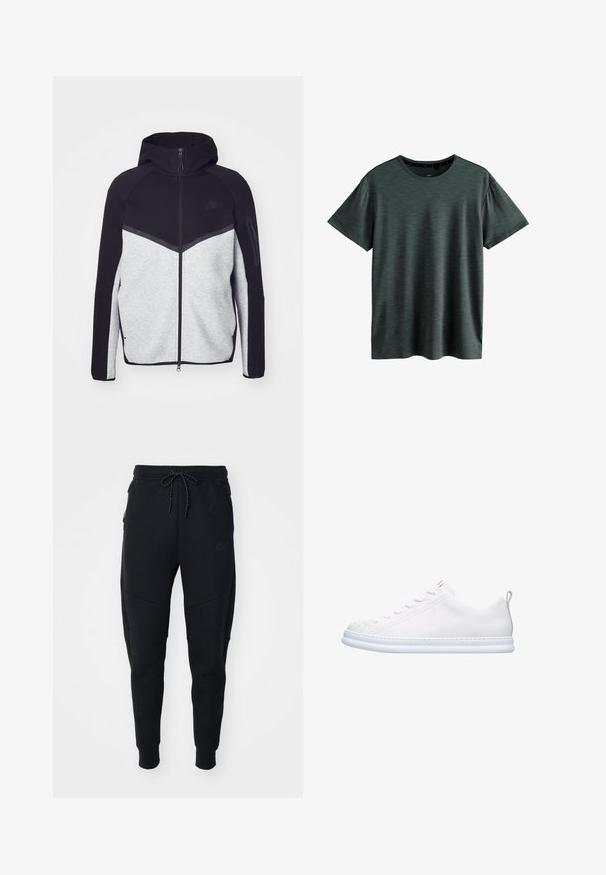 Harmaa ja musta vetoketjullinen takki hupulla. Ominaisuuksiin kuuluu chevron-kuviointi, vetoketjullinen tasku hihassa ja kontrastiväriset materiaalit. Nike-logo näkyvissä.; Tummaharmaa T-paita, joka on valmistettu pehmeästä, tekstuurisesta kankaasta. Ominaisuuksiin kuuluu klassinen pyöreä kaula-aukko ja lyhyet hihat, joissa on hillitty kuvio. Ei näkyviä logoja.; Mustat joggerit, jotka on valmistettu pehmeästä kankaasta, varustettu kiristettävällä vyötäröllä, kapenevilla lahkeilla ja tyylikkäillä sivutaskuilla.; Valkoinen nahkakenkä, jossa on pyöristetty varvasosa, litteä pohja ja minimalistinen muotoilu. Ominaisuuksiin kuuluu sävyyn sopiva ompelu ja pieni vetotappi kantapäässä.