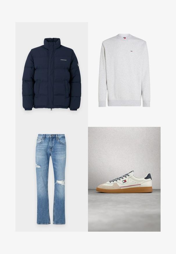 Donkerblauwe pufferjack met hoge kraag, ritssluiting en opvallend gestikt patroon; heeft een logo op de borst en elastische manchetten.; Grijze sweatshirt gemaakt van een katoenmix, met een ronde hals, geribbelde manchetten en zoom, en een klein merkje op de borst.; Lichtblauwe denim jeans met een rechte snit. Heeft versleten plekken op de knieën en een subtiele vervaging. Enkele knoopsluiting met riemlussen.; Witte en beige sneaker met rubberen zool, zwart-witte veters, rood-blauw zijlogo, zwevend boven een grijze betonnen vloer nabij een glazen blokmuur.