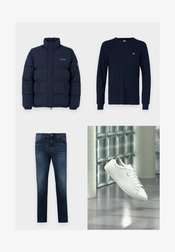 Donkerblauwe pufferjack met hoge kraag, ritssluiting en opvallend gestikt patroon; heeft een logo op de borst en elastische manchetten.; Marineblauwe longsleeve shirt van gestructureerde tricotstof met een ronde halslijn en geribbelde manchetten, voorzien van een klein logo op de borst.; Donkerblauwe denim jeans met een slim fit, uitgerust met een recht beenontwerp, vijf zakken en zilveren hardwaredetails. Vervaagde stofstructuur.; Witte leren lage sneaker met veters, zwarte hielstrook en "BOSS"-logo, zwevend binnenshuis bij een glazen stenen muur en gepolijste vloer.