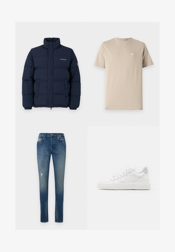 Tummansininen puffatakki, jossa on korkea kaulus, vetoketjukiinnitys ja näkyvä tilkkukuvio; takissa on logo rinnassa ja joustavat hihansuut.; Beige puuvillatee, millel on lühikesed varrukad, ümmargune kaelus ja väike kolmnurkne logo tikandina vasakul rinnal. Sile tekstuur.; Sirotut siniset farkut, valmistettu denimistä, jossa on haalistunut pesu, hienovarainen kuluminen reiden kohdalla ja klassinen viiden taskun muotoilu.; Valkoiset nahkakengät, joissa on sileä pinta, pyöreä kärki, litteät nauhat ja teksturoitu pohja. Harmaa mokkanahka korostaa kantapäätä.
