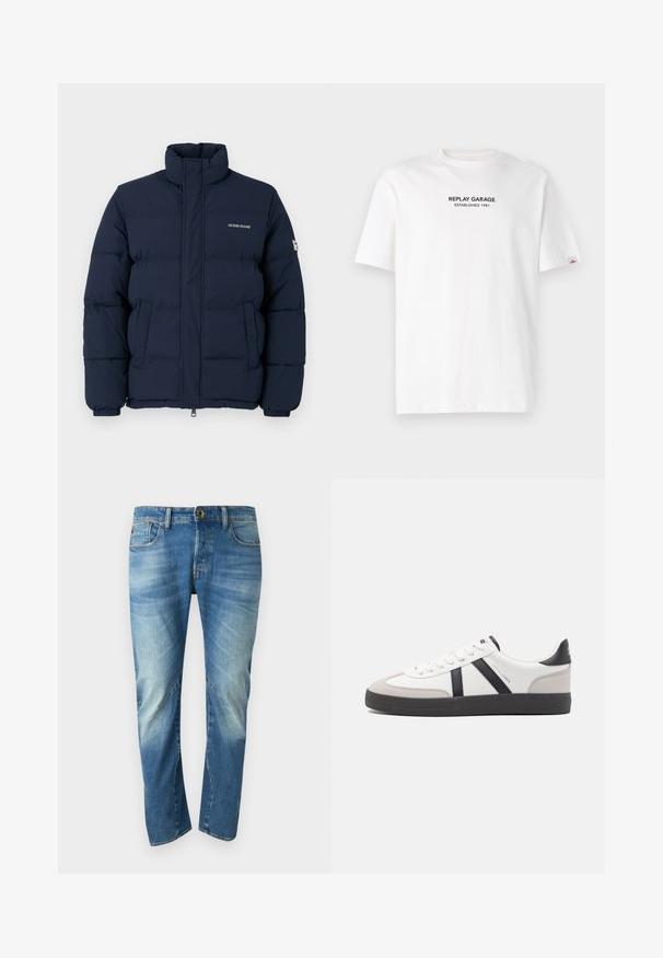Donkerblauwe pufferjack met hoge kraag, ritssluiting en opvallend gestikt patroon; heeft een logo op de borst en elastische manchetten.; Witte katoenen T-shirt met korte mouwen, voorzien van een zwart bedrukt logo met de tekst "REPLAY GARAGE ESTABLISHED 1981" aan de voorkant.; Blauwe vervaagde rechte denimjeans met vijf zakken, knoopsluiting en zichtbare naaddetails aan de voorkant.; Witte sneaker met zwarte en grijze accenten, voorzien van een grijze neus met textuur, zwarte rubberen zool en platte witte veters. Schoon ontwerp, minimalistische stijl.