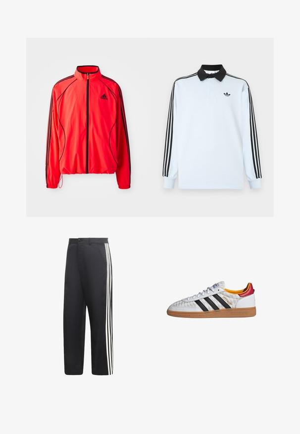 Rote Sportjacke mit hohem Kragen, durchgehendem Reißverschluss, schwarzen Akzenten und Seitentaschen. Verfügt über elastische Bündchen und ein leichtes Design.; Hellblaues langärmeliges Polohemd mit schwarzem Kragen, drei schwarzen Streifen an den Ärmeln und einem kleinen schwarzen Logo auf der Brust.; Schwarze Hosen mit geradem Bein und drei weißen vertikalen Streifen an der Außenseite jedes Beins.; Weißer Adidas Spezial Sneaker mit schwarzen Streifen, Gummisohle, gestepptem Muster, rotem Fersenlaschen und gelber Innenausstattung, Seitenansicht.