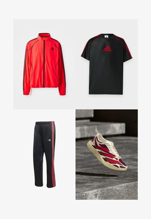 Červená atletická bunda s vysokým golierom, plným zipsom, čiernymi detailmi a bočnými vreckami. Má elastické manžety a ľahký dizajn.; Čierne atletické tričko s červenými akcentmi a logom. Vyrobené z hladkej, ľahkej látky. Má okrúhly výstrih a krátke rukávy.; Čierne športové nohavice s vertikálnou rebrovanou textúrou, s červenými a bielymi bočnými pruhmi a malým bielym logom na ľavej nohe.; Bielo-červená športová teniska s hrubou podrážkou vznášajúca sa nad textúrovanými sivými betónovými schodmi.