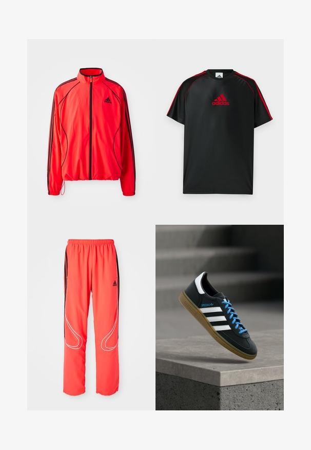 Rode sportjack met hoge kraag, volledige rits, zwarte accenten en zijzakken. Voorzien van elastische boorden en een lichtgewicht ontwerp.; Zwart atletisch T-shirt met rode accenten en logo. Gemaakt van een glad, lichtgewicht stof. Heeft een ronde hals en korte mouwen.; Rode sportieve broek met een losse pasvorm, elastische tailleband, zwarte zijstrepen en witte biesdetails langs de benen. Adidas-logo op de heup.; Zwarte Adidas-sneaker met witte strepen, blauwe veters en een gumzool die boven een grijze betonnen trede zweeft in zacht licht.