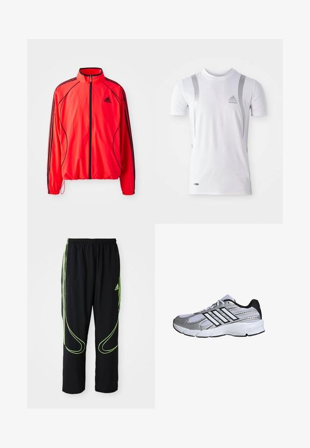 Rode sportjack met hoge kraag, volledige rits, zwarte accenten en zijzakken. Voorzien van elastische boorden en een lichtgewicht ontwerp.; Wit sportshirt met korte mouwen en zilveren accenten, met een ronde hals en een Adidas-logo op de borst. Gemaakt van vochtafvoerend materiaal.; Zwarte Adidas sportbroek met neon groene gebogen lijnen en drie strepen aan de zijkanten, elastische tailleband en het Adidas-logo op de voorkant van de bovenbenen.; Mesh sportieve schoenen in wit en zilver, met zwarte accenten, drie witte streeplogo, gevoerde kraag en een gestructureerde rubberen zool.