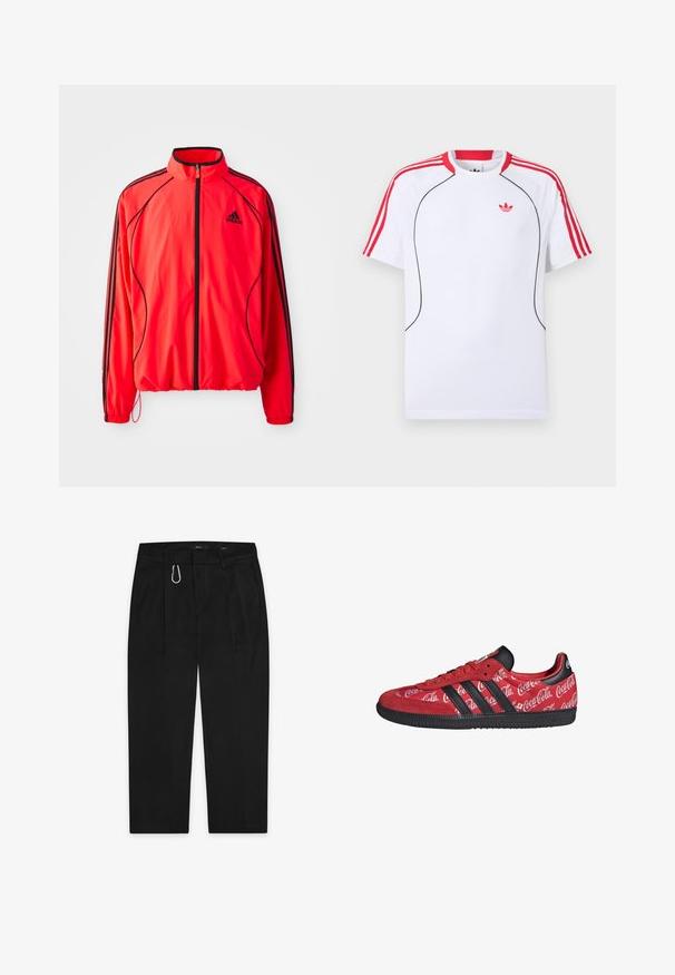 Rote Sportjacke mit hohem Kragen, durchgehendem Reißverschluss, schwarzen Akzenten und Seitentaschen. Verfügt über elastische Bündchen und ein leichtes Design.; Weißes Sportshirt mit kurzen Ärmeln, roten Streifen auf Schultern und Ärmeln, schwarzer Paspelierung vorne und rotem Adidas-Trefoil-Logo auf der Brust.; Schwarze Hose mit geradem Bein-Design, ausgestattet mit einem silbernen Karabinerclip und zwei Seitentaschen. Hergestellt aus glattem Stoff.; Roter Adidas Sneaker mit schwarzen Streifen und Sohle, mit weißen Coca-Cola-Logos auf dem gesamten Stoffoberteil.