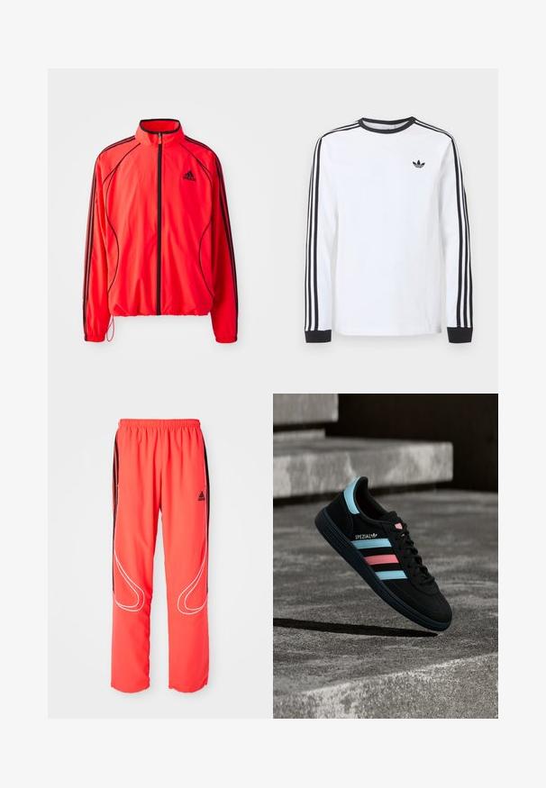 Puna sportlik jakk kõrgema kraega, täispikk lukuga, mustade aktsentidega ja küljetaskutega. Omab elastseid mansette ja kerget disaini.; Valge pika varrukaga Adidas särk musta ümarkaeluse, mustade varrukaäärte ning kolme musta triibuga varrukatel ja musta kolmelehelogo rinnal.; Punased spordipüksid, laia lõikega, elastse vöökohtadega, mustade külgtriipudega ja valgete ääristega jalgadel. Adidas logo puusakul.; Must Adidas Spezial toss siniste ja roosade triipudega, hõljumas tekstuurse halli betoonpinna kohal, all varjuga.