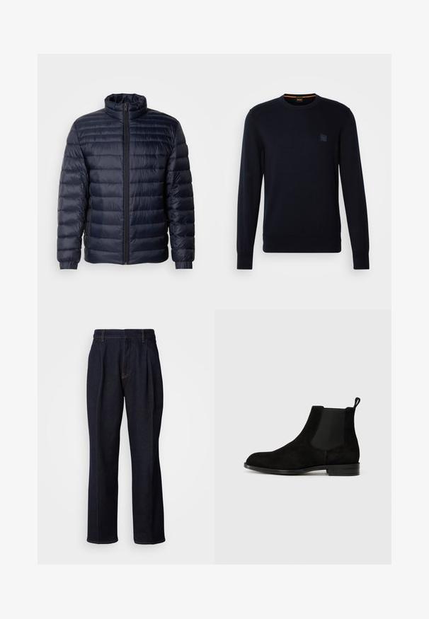 Marineblaue Steppjacke mit hohem Kragen, gestepptem Design, Frontreißverschluss und gerippten Bündchen. Glatte Textur mit leichtem Aussehen.; Marineblauer Strickpullover mit langen Ärmeln, Rundhalsausschnitt, gerippten Bündchen und Saum, mit einem kleinen quadratischen Logo-Patch auf der Brust.; Dunkelblaue weit geschnittene Jeans mit vorderen Falten und orangen Nähten, auf weißem Hintergrund gezeigt.; Schwarze Wildleder Chelsea-Stiefel mit elastischen Seitenteilen, abgerundetem Zeh und einer Zuglasche. Flache Sohle mit einem dezenten eingeprägten Logo auf der Ferse.