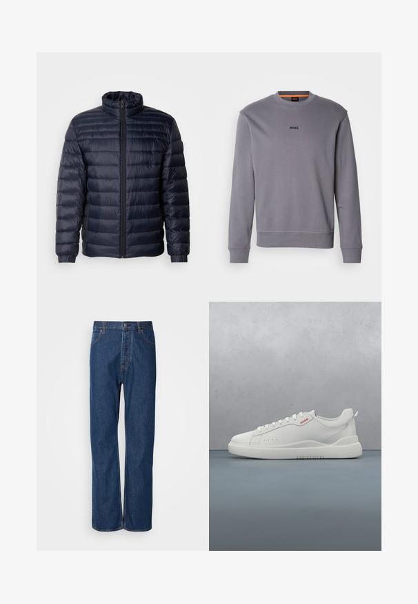 Marineblaue Steppjacke mit hohem Kragen, gestepptem Design, Frontreißverschluss und gerippten Bündchen. Glatte Textur mit leichtem Aussehen.; Grauer Sweatshirt aus Baumwolle mit rundem Halsausschnitt, gerippten Bündchen und Saum, mit kleinem "BOSS"-Logo auf der Vorderseite.; Blaue Jeans aus Denim mit geradem Bein, ausgestattet mit einem Knopfverschluss, fünf Taschen und kontrastierenden Nähten entlang der Säume.; Weiße Sneaker aus glattem Leder, runde Spitze, vier Ösen, dezente Perforationen und ein rotes Logodetail an der Seite.