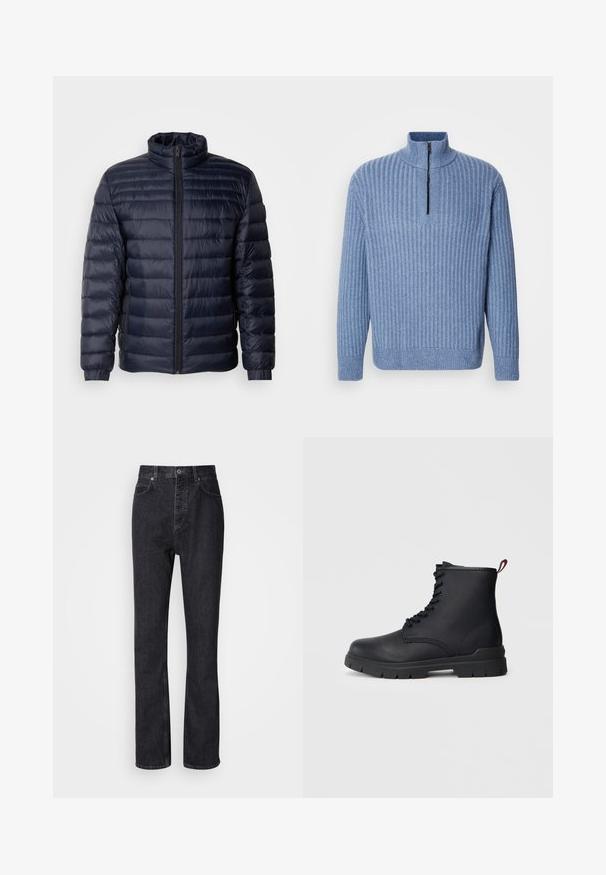 Marineblå pufferjakke med høj krave, quiltet design, lynlås fortil og ribbede cuffs. Glat tekstur med et let udseende.; Lyst blå ribbestrikket sweater med opretstående krave og en delvis lynlås ved halsen; har lange ærmer og en lige kant.; Høj talje sorte denim jeans med knap- og lynlåsåbning, for- og baglommer samt lige ben.; Sort læder ankelstøvle med snørebånd foran, tykk gummisål og rød løftestrop ved hælen, vist mod en ensfarvet lys baggrund.