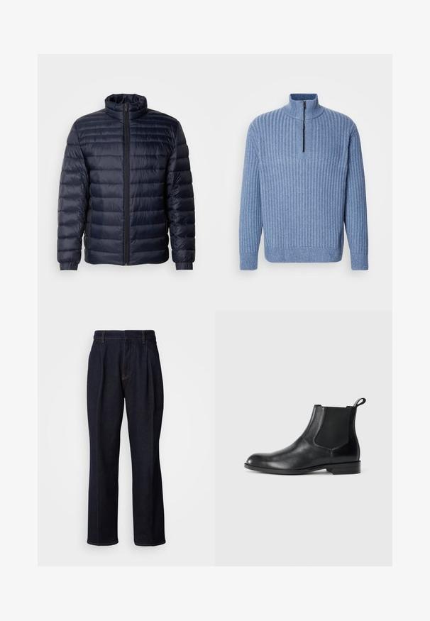 Marineblaue Steppjacke mit hohem Kragen, gestepptem Design, Frontreißverschluss und gerippten Bündchen. Glatte Textur mit leichtem Aussehen.; Hellblau gestrickter Pullover mit Rippenstruktur, Stehkragen und teilweisem Reißverschluss am Hals; verfügt über lange Ärmel und einen geraden Saum.; Dunkelblaue weit geschnittene Jeans mit vorderen Falten und orangen Nähten, auf weißem Hintergrund gezeigt.; Schwarze Leder-Stiefelette mit elastischen Seiteneinsätzen, abgerundeter Zehenpartie und einem Zugschlauf. Glatte Textur, flache Sohle, minimalistisches Design.