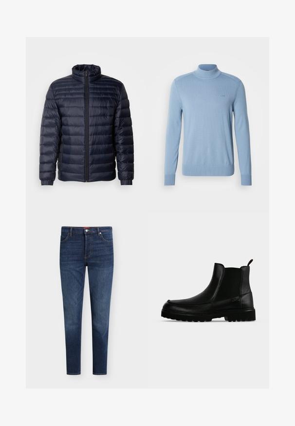 Marineblaue Steppjacke mit hohem Kragen, gestepptem Design, Frontreißverschluss und gerippten Bündchen. Glatte Textur mit leichtem Aussehen.; Helles blaues Rollkragenpullover aus glattem Strickstoff, mit gerippten Bündchen und Saum, und einem kleinen Logo auf der Brust.; Dunkelblaue Slim-Fit-Jeans mit Fronttaschen, Gürtelschlaufen, Knopfverschluss und dezentem Verblassen an Oberschenkeln und Knien.; Schwarzer Lederknöchelstiefel mit strukturierter Sohle, elastischen Seitenteilen und Zuglasche vor einem hellgrauen Hintergrund.