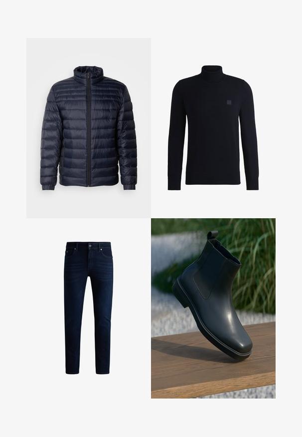 Marineblå pufferjakke med høj krave, quiltet design, lynlås fortil og ribbede cuffs. Glat tekstur med et let udseende.; Marineblå højhalset sweater lavet af blødt strikmateriale, med lange ærmer og ribbestrikket krave. Inkluderer et firkantet logo-patch på brystet.; Mørkeblå denim jeans med en lige pasform, fem lommer, syede sømme og en klassisk knap- og lynlåslukning.; Sort læder ankelstøvle med en glat overflade, elastiske sider og et løkkeagtigt trækstrop, der hviler på en træoverflade mod en sløret baggrund.