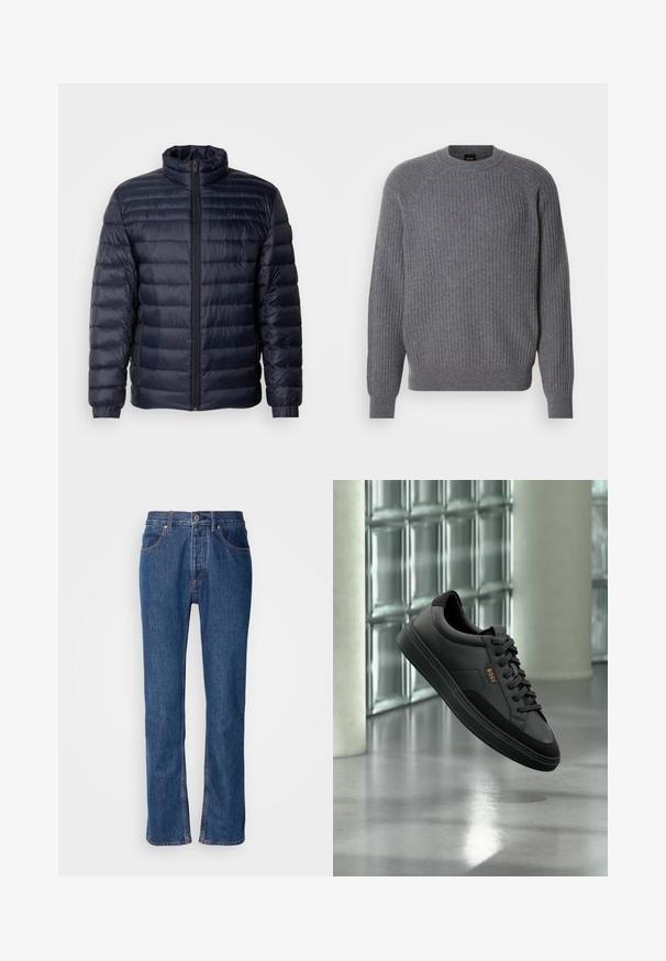 Marineblå pufferjakke med høj krave, quiltet design, lynlås fortil og ribbede cuffs. Glat tekstur med et let udseende.; Grå ribbet strikket langærmet sweater med rund halsudskæring og ribbede manchetter, vist på en enkel hvid baggrund.; Blå denimjeans med lige snit, fem-lomme-design og lys syning. Har lynlås og knaplukning foran.; Sort lavtop sneakers i læder med sorte snørebånd og guld "BOSS" logo, vist i luften mod en glasblokvæg og gråt gulv.