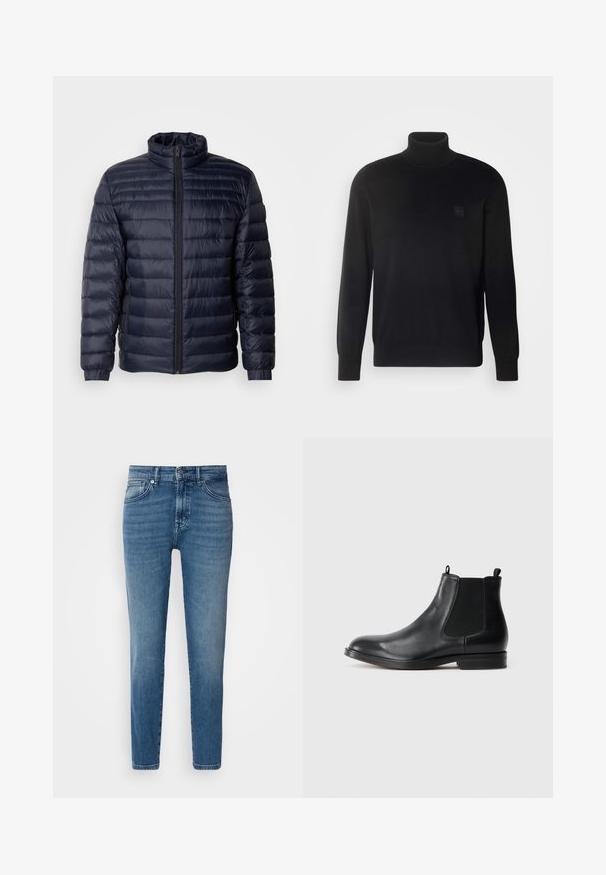 Marineblå pufferjakke med høj krave, quiltet design, lynlås fortil og ribbede cuffs. Glat tekstur med et let udseende.; Sort rullekravestrik med lange ærmer, ribbet krave og manchetter, lavet af et glat stof. Har et lille logo mærke på brystet.; Lysblå denimjeans med lige pasform, traditionelt fem-lomme-design, metalknaplukning og diskret slid på fronten.; Sorte læder Chelsea støvler med elastiske sidepaneler, rund tå, trækstrop og en lav blokhæl. Glat tekstur og minimalistisk design.