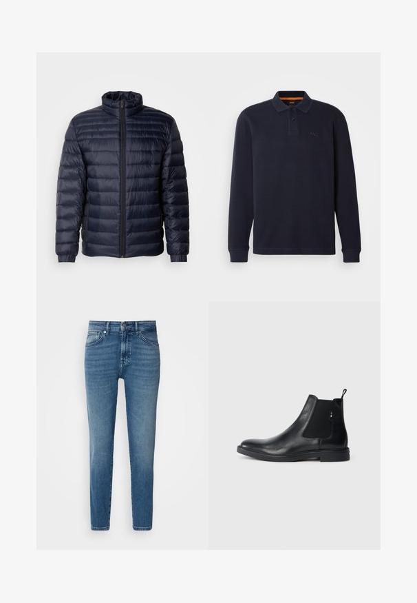 Marineblaue Steppjacke mit hohem Kragen, gestepptem Design, Frontreißverschluss und gerippten Bündchen. Glatte Textur mit leichtem Aussehen.; Marineblaue langärmelige Poloshirt aus strukturiertem Stoff mit einer Knopfleiste am Hals. Verfügt über ein kleines gesticktes Logo auf der Brust.; Helle blaue Denim-Jeans mit geradem Schnitt, traditionellem Fünf-Taschen-Design, Metallknopfverschluss und dezentem Verblassen an der Vorderseite.; Schwarze Leder Chelsea-Boots mit elastischen seitlichen Einsätzen, einer Zugschlaufe und einer flachen Gummisohle. Glatte Textur mit minimaler Ausgestaltung.