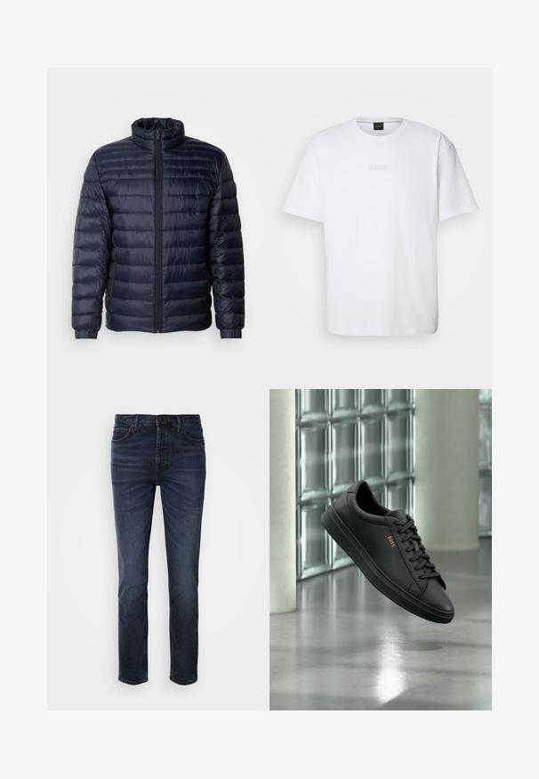 Marineblå pufferjakke med høj krave, quiltet design, lynlås fortil og ribbede cuffs. Glat tekstur med et let udseende.; Hvid bomulds T-shirt med korte ærmer, rund halsudskæring og præget "BOSS" logo på brystet. Glat tekstur, standard pasform.; Mørkeblå denim jeans med lige ben-design, der har fem lommer, en knap- og lynlåslukning samt diskrete syninger.; Sort lavtopet lædersneaker med sorte snørebånd og gyldent BOSS-logo på siden, svævende over en blank grå gulv i et moderne indendørs rum.