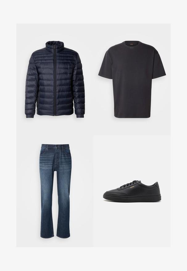 Marineblå pufferjakke med høj krave, quiltet design, lynlås fortil og ribbede cuffs. Glat tekstur med et let udseende.; Sort kortærmet T-shirt lavet af bomuld, med rund halsudskæring og subtil branding ved kraven. Glat tekstur med en afslappet pasform.; Denim jeans med lige ben design, medium vask, fem-lomme stil og knaplukning. Stoffet har en glat tekstur med let falmede områder.; Sorte lædersneakers med en glat overflade, rund tå, flad gummisål og tonede snørebånd. Udstyret med guld "BOSS" branding på siden.