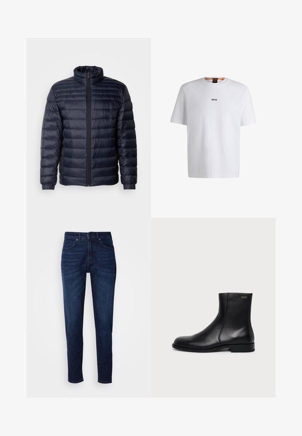 Marineblå pufferjakke med høj krave, quiltet design, lynlås fortil og ribbede cuffs. Glat tekstur med et let udseende.; Hvid bomuld T-shirt med korte ærmer, med et sort "BOSS" logo centreret på brystet og en rund halsudskæring.; Mørkeblå denimbukser med lige ben, der har lommer og knaplukning i taljen. Blød tekstur, minimal falming.; Sort læderankelstøvle med lav hæl, sidesyning og lille "HUGO" logo på den øverste manchet mod en ensfarvet baggrund.