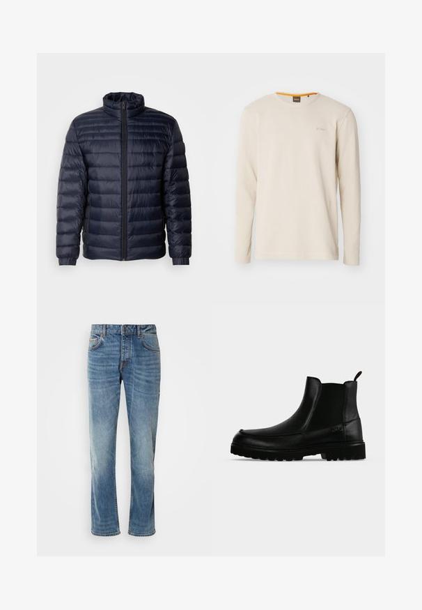 Marineblå pufferjakke med høj krave, quiltet design, lynlås fortil og ribbede cuffs. Glat tekstur med et let udseende.; Lys beige langærmet t-shirt lavet af struktureret stof. Har en rund hals og et lille logo på brystet med en orange detalje indeni kraven.; Lyseblå denimbukser med lige ben, fem lommer, kontrasterende syninger og en falmet finish. Har en knap- og lynlåsåbning.; Sort læderankelstøvle med tekstureret sål, elastiske sidepaneler og træksnor på en lysegrå baggrund.