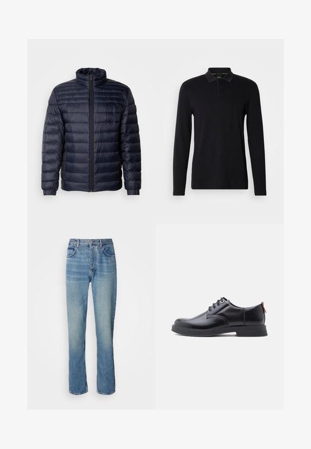 Marineblaue Steppjacke mit hohem Kragen, gestepptem Design, Frontreißverschluss und gerippten Bündchen. Glatte Textur mit leichtem Aussehen.; Schwarzes Langarm-Polohemd aus glattem Stoff. Verfügt über einen Kragen, eine Dreiknopfleiste und ein dezentes Logo auf der Brust.; Helle blaue, gerade geschnittene Denim-Jeans mit hoher Taille, vorderem Knopf, Reißverschluss und Fünf-Taschen-Design.; Schwarze Leder-Schnürschuhe mit glatter Textur, rundem Zehenbereich und dezenten Ziernähten. Mit einem roten Laschenband an der Ferse.