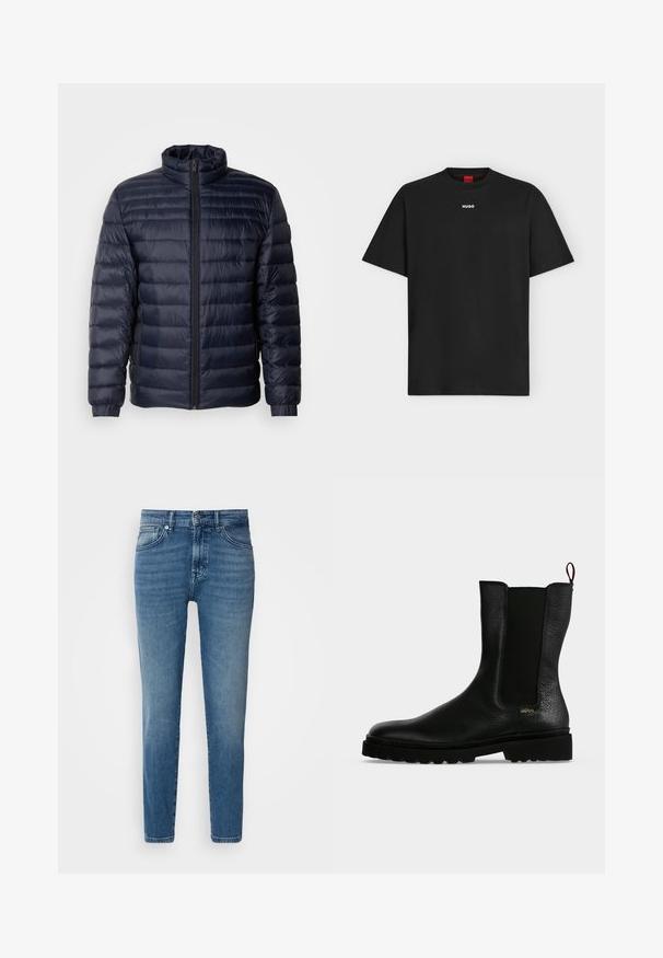 Marineblaue Steppjacke mit hohem Kragen, gestepptem Design, Frontreißverschluss und gerippten Bündchen. Glatte Textur mit leichtem Aussehen.; Schwarzes T-Shirt mit kurzen Ärmeln und kleinem weißen "HUGO"-Logo mittig auf der Brust sowie rotem innerem Kragenetikett.; Helle blaue Denim-Jeans mit geradem Schnitt, traditionellem Fünf-Taschen-Design, Metallknopfverschluss und dezentem Verblassen an der Vorderseite.; Schwarzer Leder-Stiefelette mit elastischem Seitenteil, grober Sohle und Zuglasche hinten, mit kleinem goldenem "Hugo" Logo nahe der Ferse.