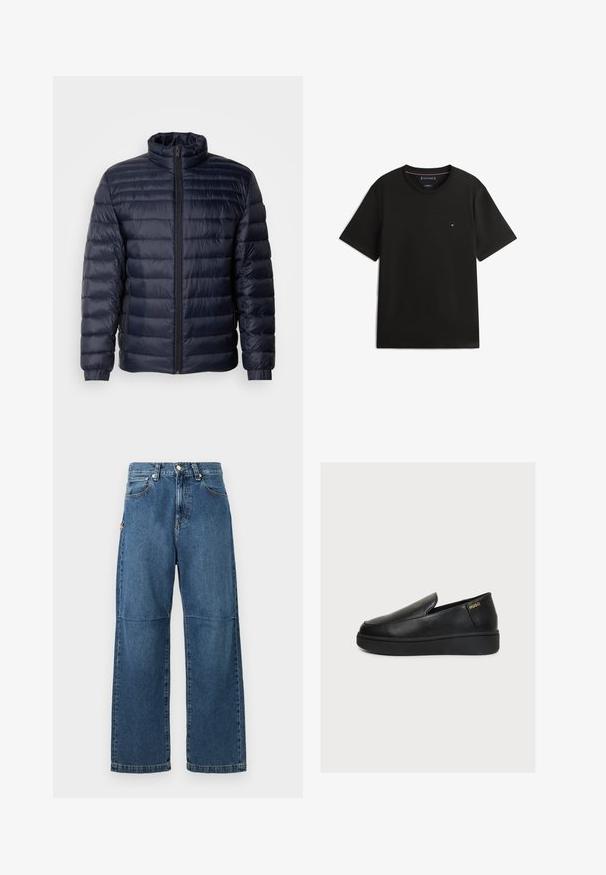 Marineblaue Steppjacke mit hohem Kragen, gestepptem Design, Frontreißverschluss und gerippten Bündchen. Glatte Textur mit leichtem Aussehen.; Schwarzes kurzärmeliges T-Shirt aus Baumwolle mit Rundhalsausschnitt und kleinem, in Rot, Weiß und Blau gesticktem Logo auf der Brust.; Blaue Jeans aus Denim mit entspannter Passform, geraden Beinen, sichtbarem Nähen und einem vorderen Knopfverschluss. Verfügt über eine Seitentasche mit einem Akzent.; Schwarzer Leder-Slipper mit dicker Sohle und kleinem goldenem "HUGO"-Logo nahe der Ferse auf hellem Hintergrund.