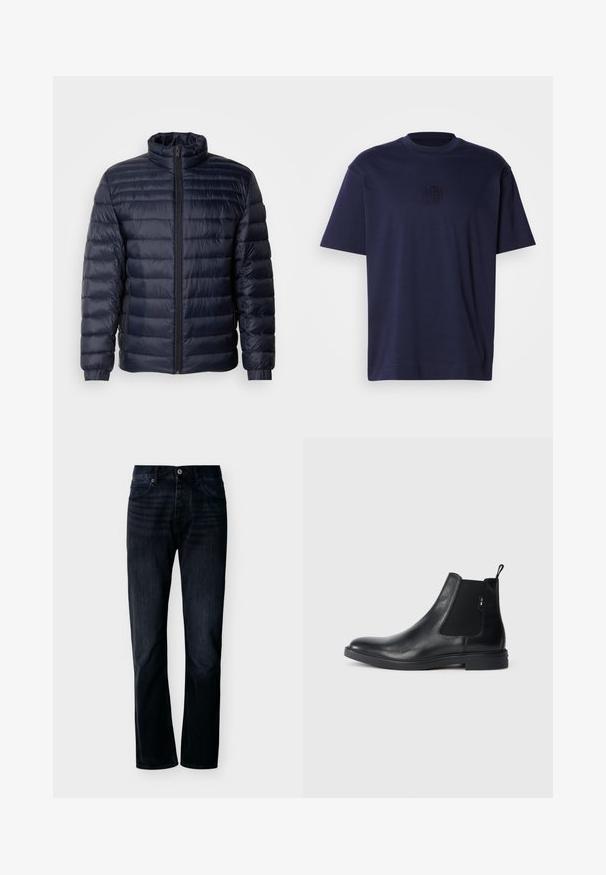 Marineblaue Steppjacke mit hohem Kragen, gestepptem Design, Frontreißverschluss und gerippten Bündchen. Glatte Textur mit leichtem Aussehen.; Marineblaue Kurzarm-T-Shirt aus Baumwolle. Mit Rundhalsausschnitt und erhabenem Logo auf der Brust. Glatte Textur, lockerer Schnitt.; Dunkel indigoblaue Jeans mit geradem Bein, vorn mit Knopf- und Reißverschluss, Gürtelschlaufen und Fünf-Taschen-Design, dargestellt vor schlichtem hellem Hintergrund.; Schwarze Leder Chelsea-Boots mit elastischen seitlichen Einsätzen, einer Zugschlaufe und einer flachen Gummisohle. Glatte Textur mit minimaler Ausgestaltung.