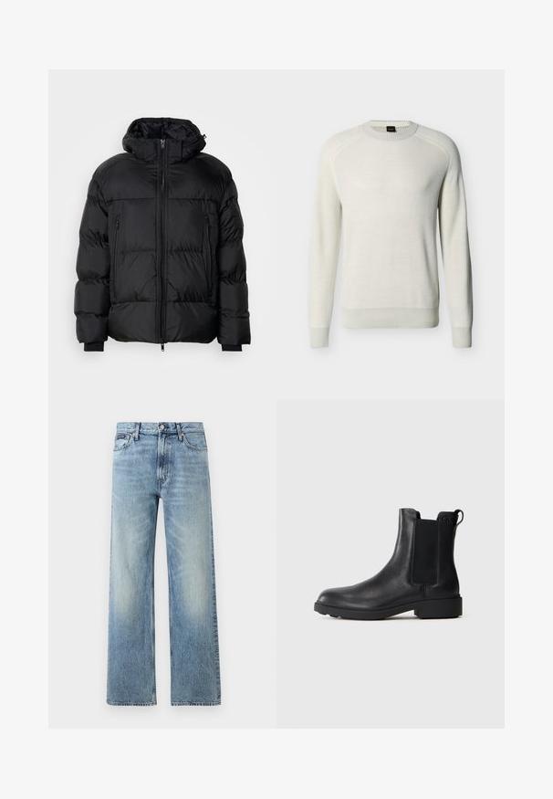 Schwarze Pufferjacke mit Kapuze, ausgestattet mit einem Reißverschluss, zwei Fronttaschen und gerippten Bündchen, aus einem glatten, wasserabweisenden Material.; Off-White Langarm-Pullover mit Rundhalsausschnitt, Rippbündchen an Ärmeln, Saum und Hals, vor einfarbigem Hintergrund.; Hellblaue Jeans mit geradem Bein, hohem Bund, fünf Taschen, Knopfverschluss und dezentem Verblassen an Oberschenkeln und Knien.; Schwarze Leder-Stiefelette mit elastischen Seiteneinsätzen, Zugschlaufe an der Ferse und niedrigem Blockabsatz vor einem schlichten Hintergrund.