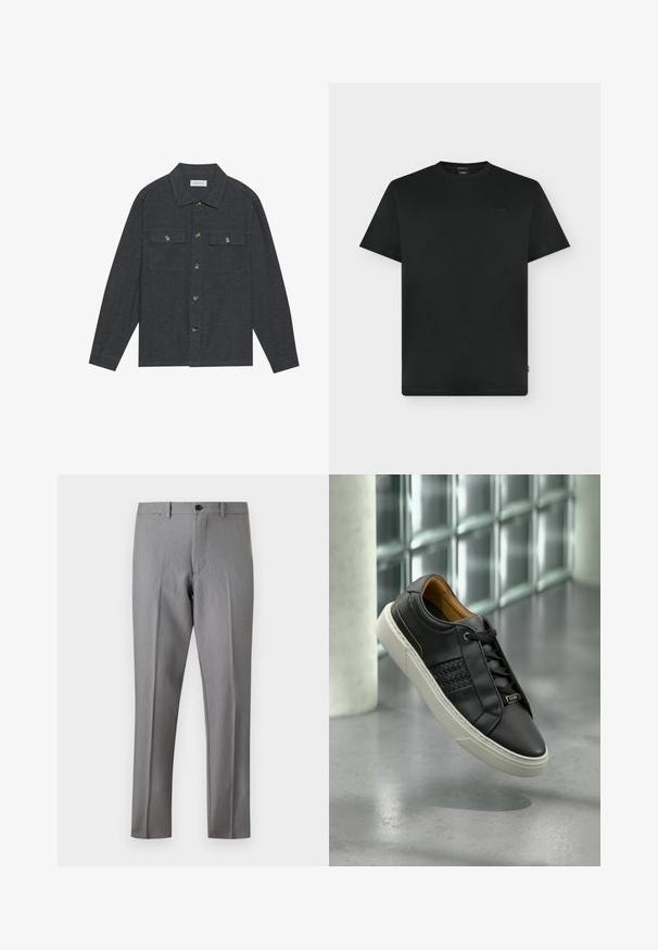 Chemise boutonnée gris foncé avec col, deux poches poitrine et manches longues. Fabriquée à partir d'un tissu texturé avec des boutons en métal.; T-shirt noir uni à manches courtes et col rond avec un logo de marque discret en relief sur la poitrine gauche et une petite étiquette latérale.; Pantalon habillé gris ajusté avec bouton et fermeture éclair devant, passants de ceinture et plis repassés le long des jambes.; Baskets en cuir noir avec texture tissée, design à lacets et semelle en caoutchouc blanche. L'intérieur présente une doublure beige et un détail de logo discret.
