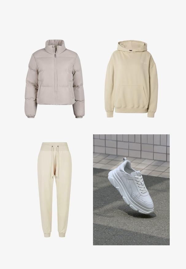 Doudoune beige clair avec un col haut, fermeture éclair sur toute la longueur et poignets élastiques. Présente des sections cousues pour l'isolation.; Sweat à capuche beige à enfiler avec poche kangourou à l'avant, poignets et ourlet côtelés, et texte brodé subtil sur la poitrine gauche.; Pantalons de jogging beige clair en tissu doux, avec une taille côtelée, un cordon de serrage et des poignets élastiques aux chevilles.; Basket en cuir blanc avec une semelle en caoutchouc épaisse et texturée, dotée d'un laçage et de détails de couture. Design à bout rond et soutien de la cheville.