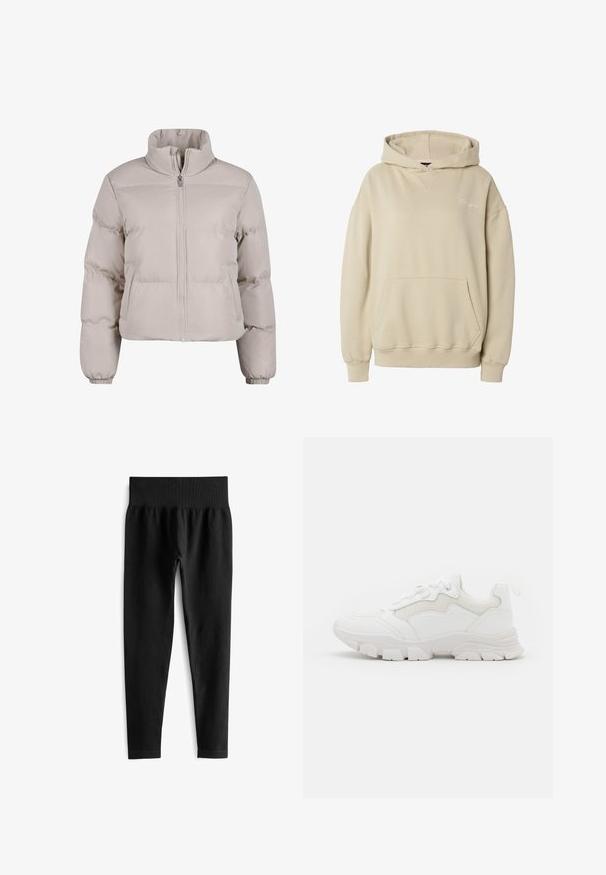 Lichtbeige pufferjack met een hoge kraag, volledige rits aan de voorkant en elastische manchetten. Heeft gestikte secties voor isolatie.; Beige pullover hoodie met een voorzak in kangoerustijl, geribbelde manchetten en zoom, en subtiele geborduurde tekst op de linkerborst.; Zwarte geribde legging met een brede, elastische tailleband. De stof lijkt rekbaar en gestructureerd, eindigend net boven de enkel.; NA-KD CONTRAST SOLE TREKKING - Sneakers laag - white