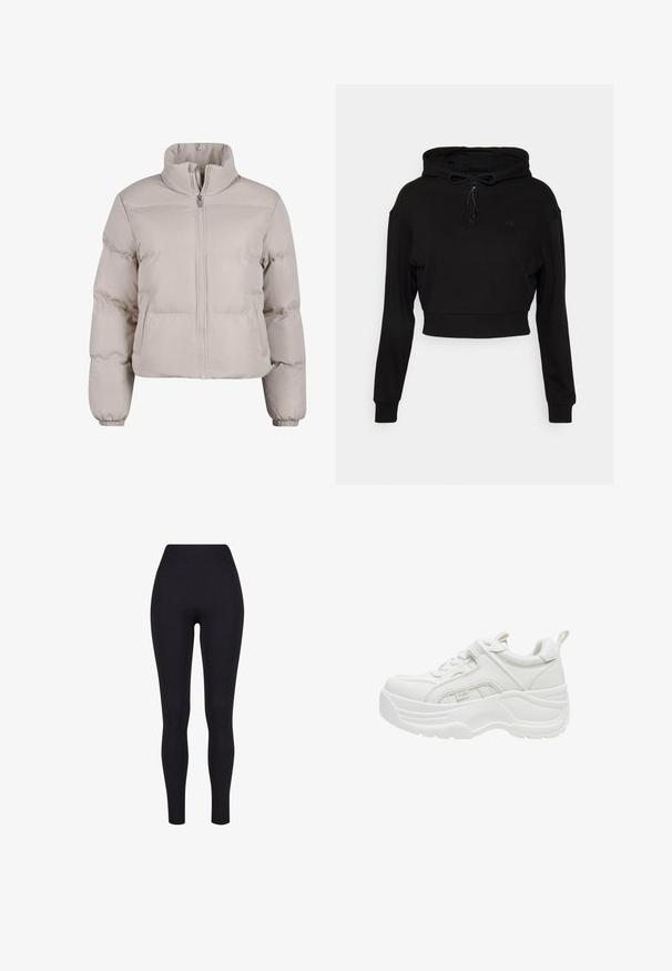 Doudoune beige clair avec un col haut, fermeture éclair sur toute la longueur et poignets élastiques. Présente des sections cousues pour l'isolation.; Even&Odd active by Zalando Sweat à capuche - black; Leggings noirs taille haute, fabriqués à partir d'un tissu extensible, présentant une texture lisse et un design ajusté sans coutures ni motifs visibles.; Baskets blanches épaisses avec semelle épaisse, laçage sur l'avant, col matelassé et languette à l'arrière.