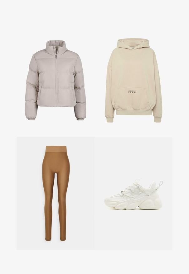 Doudoune beige clair avec un col haut, fermeture éclair sur toute la longueur et poignets élastiques. Présente des sections cousues pour l'isolation.; Sweat à capuche beige avec une poche avant, des poignets côtelés et une capuche à cordon. Texte "PECADOR PGDR" imprimé sur la zone de la poche.; Even&Odd active by Zalando Leggings - brown; Basket blanche chunky avec maille texturée et panneaux synthétiques, dotée d'une semelle arrondie et de lacets élastiques pour un ajustement sécurisé.