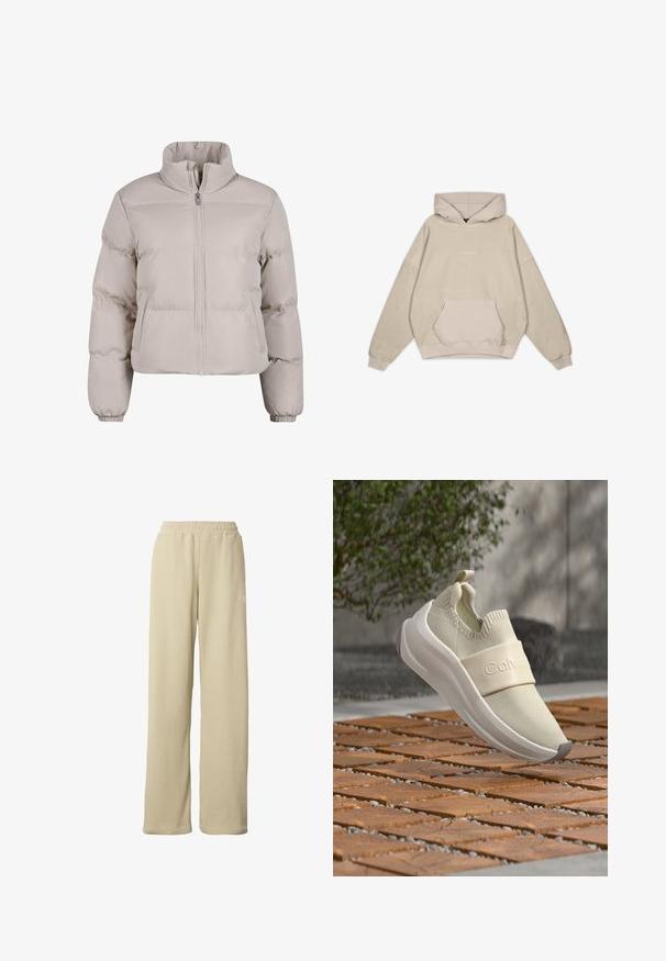 Doudoune beige clair avec un col haut, fermeture éclair sur toute la longueur et poignets élastiques. Présente des sections cousues pour l'isolation.; Sweatshirt à capuche beige avec une coupe décontractée, poche kangourou, manches côtelées et texture lisse. Présente des détails de logo discrets à l'avant.; Pantalon large beige côtelé avec taille élastique et petit logo blanc discret sur la partie supérieure de la cuisse.; Chaussure de sport beige à enfiler avec une sangle élastique sur le dessus, en l'air au-dessus d'un pavement en briques marron avec un buisson vert et un mur gris en arrière-plan.