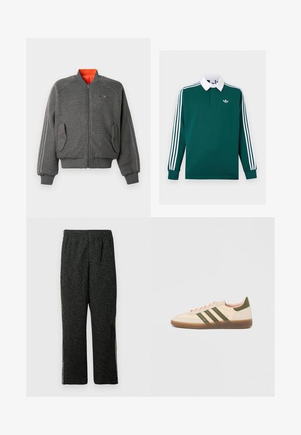 Pelēka teksturēta džemperjaka ar rāvējslēdzēju, ribotām aprocēm un apakšmalu, kabatām ar atloku, smalku Adidas logotipu un oranžu apkakles oderi.; Tumši zaļa regbija krekls ar garām piedurknēm, baltu apkakli, trim baltām svītrām uz piedurknēm un mazu baltu Adidas logotipu uz krūtīm.; Melnas teksturētas flīsa bikses ar elastīgu jostu un taisnām kājām, attēlotas uz balta fona.; Zemprofilas bēša Adidas Spezial sporta apavi ar zaļām svītrām, gumijas zoli un uzrakstu "SPEZIAL" sānos, redzams no ārējās puses.