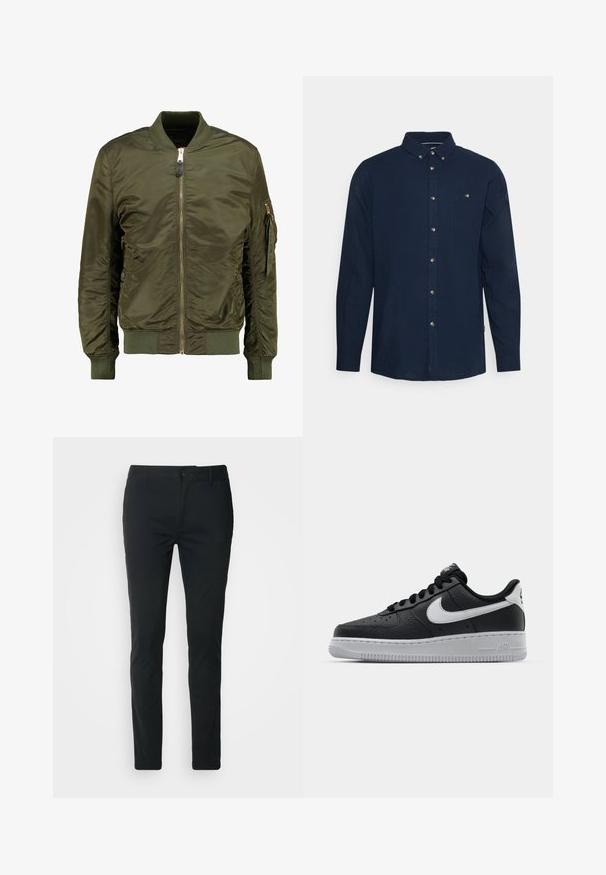 Olivenfarvet bomberjakke, polyester materiale, lynlåslukning foran, ribbede manchetter og kant, sidelommer og en lomme med lynlås på ærmet.; Marineblå langærmet skjorte med knapkrave, frontlomme og metalliske knapper. Glat, letvægtsstof med et enkelt design.; Sorte chinos med slim fit. Fremstillet af glat bomuldsstof, har en knaplukning og bæltestropper. Ingen synlige mønstre eller detaljer.; Sort lædersneaker med tekstureret overflade, hvid Nike swoosh, grå sål, rund tå og snørebåndsdesign. Har perforeringer på tåboksen.