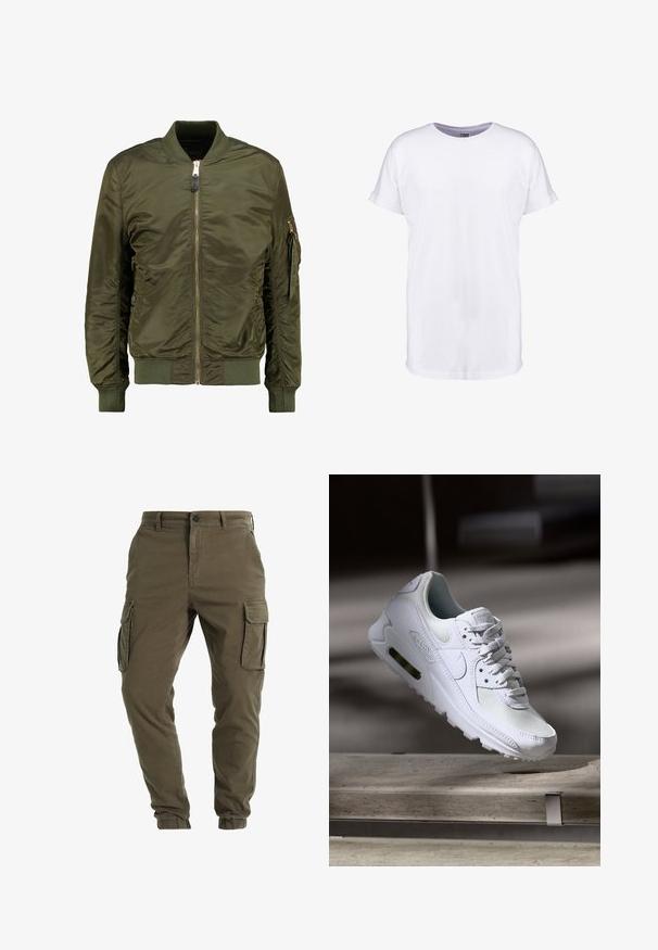 Olivenfarvet bomberjakke, polyester materiale, lynlåslukning foran, ribbede manchetter og kant, sidelommer og en lomme med lynlås på ærmet.; Hvid bomulds t-shirt med korte ærmer, rund halsudskæring og en afslappet pasform. Glat tekstur og ingen synlige mønstre eller designs.; Cargo bukser i olivengrøn bomuld med sidelommer, tapered ankler og knaplukning. Glat tekstur med forstærket søm.; Hvide Nike Air Max 90 sneakers med en overdel i mesh og læder, perforeret tåboks og en synlig luftenhed i hælen.