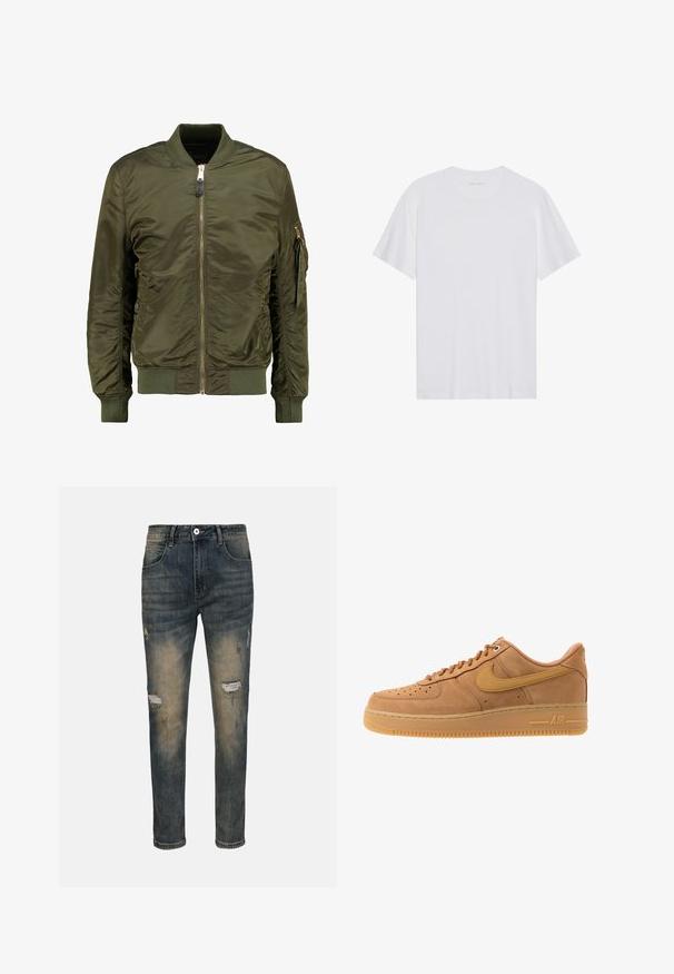 Olivenfarvet bomberjakke, polyester materiale, lynlåslukning foran, ribbede manchetter og kant, sidelommer og en lomme med lynlås på ærmet.; Hvid bomulds T-shirt med korte ærmer, rund hals og en glat tekstur. Har minimal branding på halsudskæringen.; Denim jeans har en falmet blå farve, slim fit, distressed detaljer med synlige huller, fem-lomme design og en knaplukning.; Nike Sportswear AIR FORCE 1 07 - Sneakers - flax/wheat/light brown/black/team gold